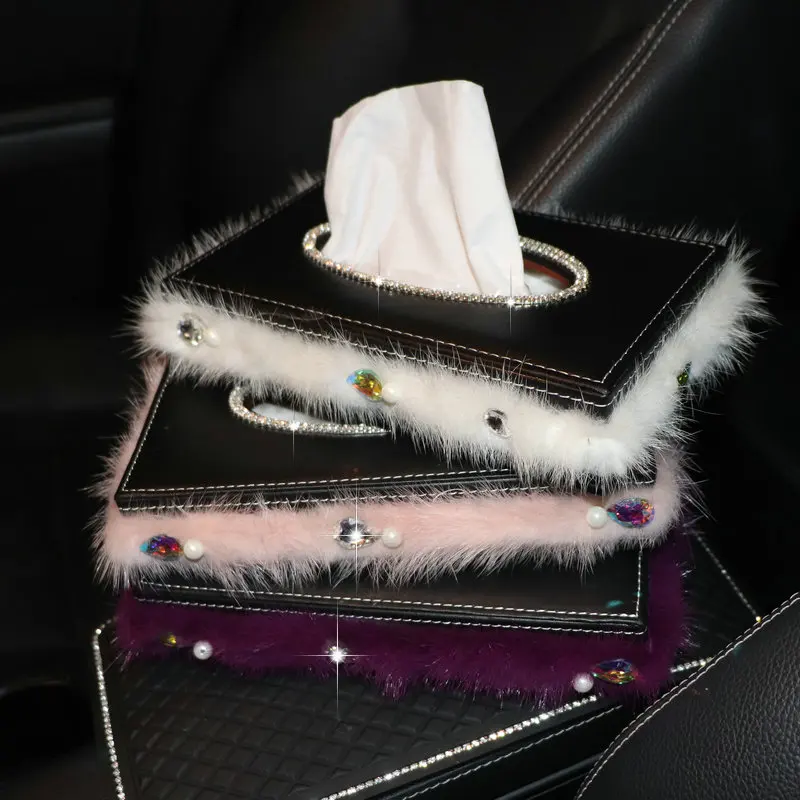 Feather-Pearl-Crystal-Car-Tissue-Box-Diamond-Imitation-Mink-hair-Auto-Tissue-Holder-Block-type-Winter-Car-Styling-14