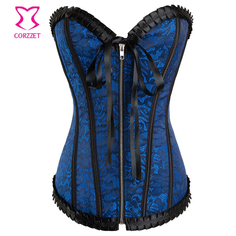 Buy Blue/Black Elegant Jacquard Zipper Corset Top