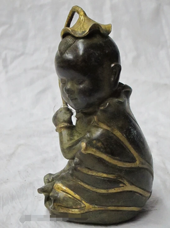 

7"China folk luck Bronze gilt Lotus wrapped child top of head is worn lotus cap