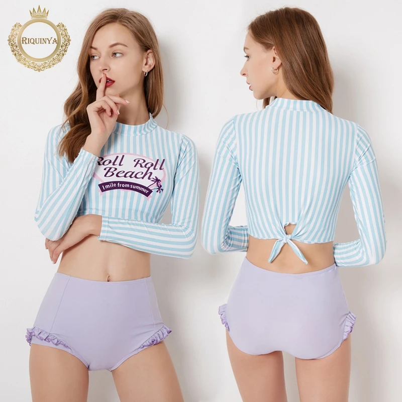 Printed Rash Guard 2018 Ladies Two-Pieces Swimwear High Neck Swimsuit Tankini Surf Clothes Crop Top Bathing Suits