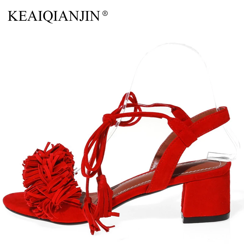 

KEAIQIANJIN Woman Fringe Gladiator Sandals Fashion Sexy Genuine Leather Shoes Plus Size 33 - 43 Blue Red Pink Gladiator Sandals