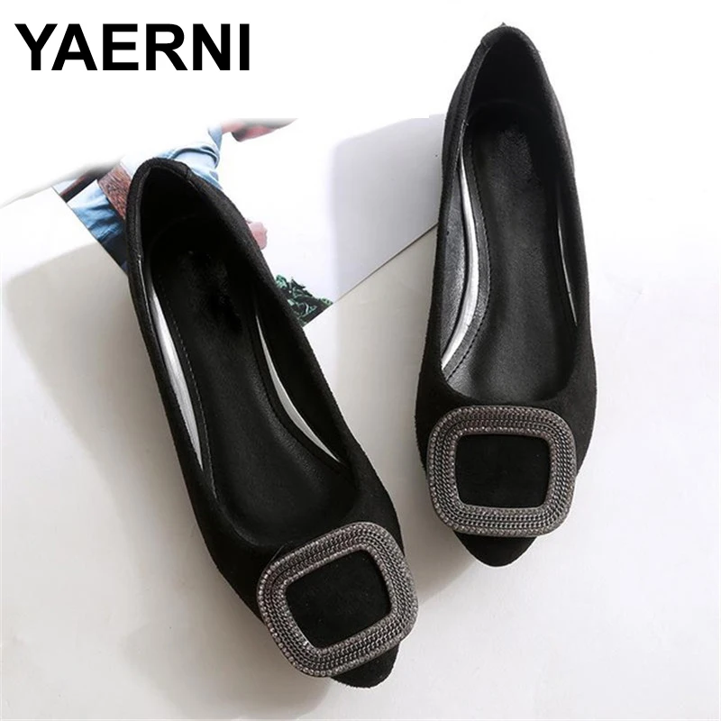 

YAERNI Fashion Rhinestone Suede Leather Slip On Pointed Toe Women Shallow Single Shoes Ladies Spring Summer Lightweight Shoes