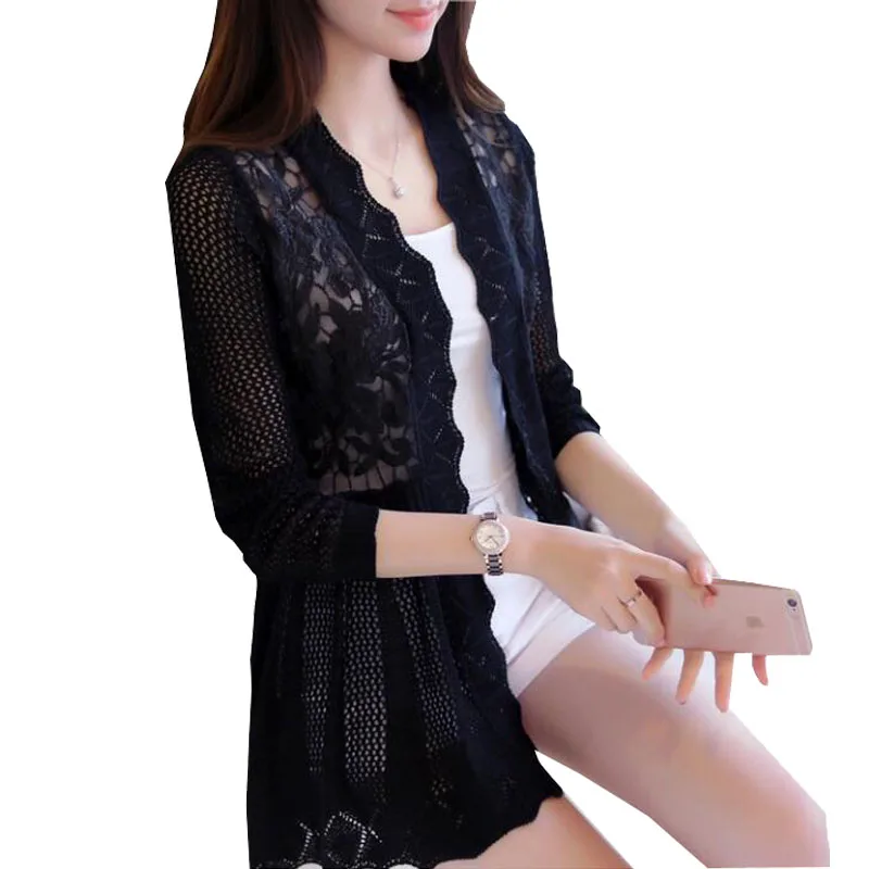 

2017 female spring and autumn lace cutout thin sweater cardigan cape outerwear medium-long ZY3132