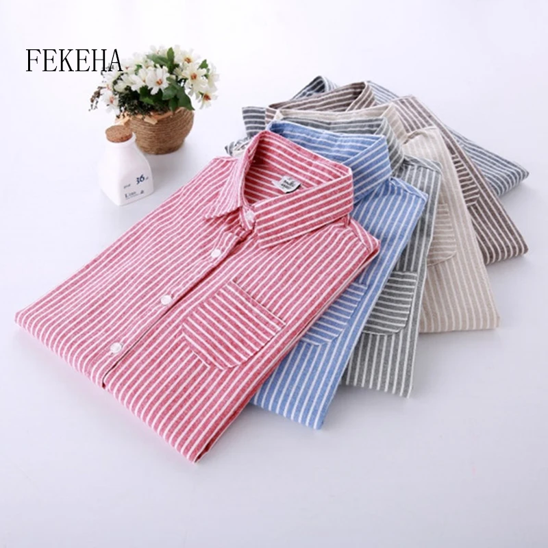 

FEKEHA Autumn Grey Red Long Sleeve Women Blouses Blue Striped Shirt Cotton Casual Women Tops Blusas 2019 Fashion shirt