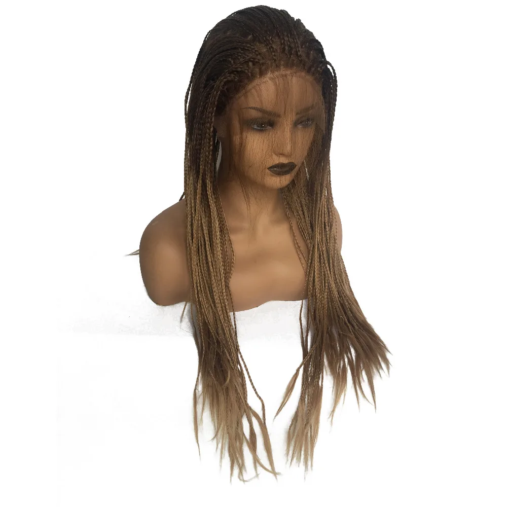 Brown Ombre Honey Blonde Glueless Synthetic Lace Front Braid Wig with Baby Hair Heat resistant Braided Box Braids Wig-3