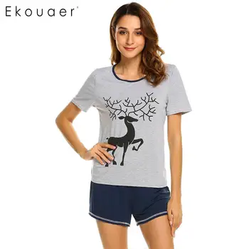 

Ekouaer Sleepwear Women Pajamas Sets Cotton O-Neck Short Sleeve Print Tops And Shorts Pajama Suits Female Casual Home Clothing