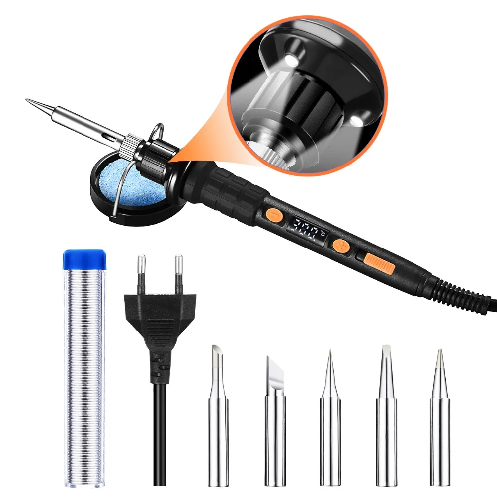 

220V 65W Soldering Iron Kit Precise Temperature Adjustment with 3 LED Lights Digital Display 5pcs Soldering Tips Soldering Wire