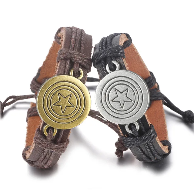 Spinner Punk Captain America Genuine Leather Bracelet Handmade Charm Spinner Punk Captain America Genuine Leather Bracelet Handmade Charm Rope Survival Bangle Women Men Jewelry