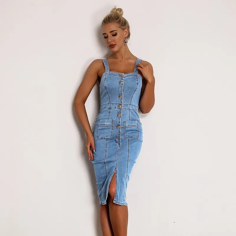 Ceremokiss Backless Bodycon Midi Dress Women Summer Vestidos 2019 New Pocket Button Jeans Dress Sexy Split Ladies Denim Dresses