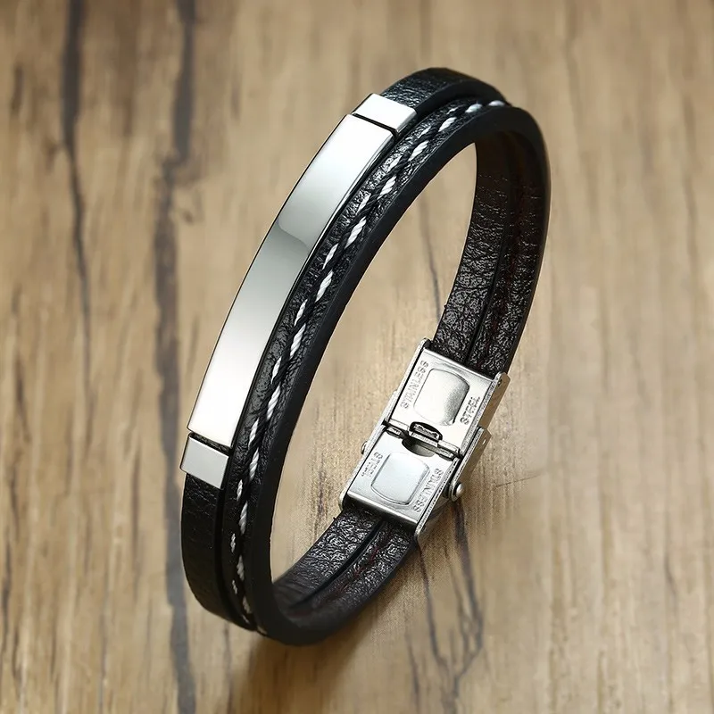 Vnox многослойные кожаные браслеты для мужчин и женщин, настраиваемый гравировальный браслет из нержавеющей стали, повседневный персонализированный браслет - Окраска металла: Blank Silver