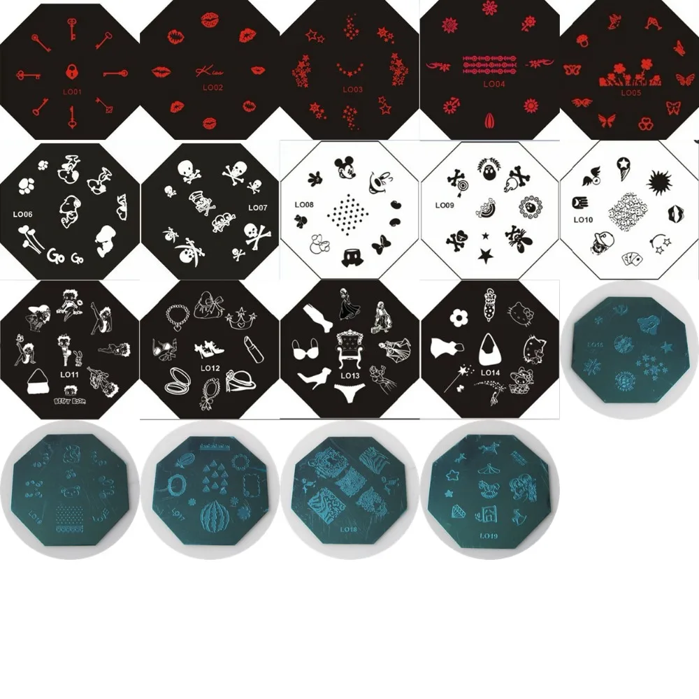 

1PC LO01-19 Octagonal Shape Blue Film Nail Art Stamping Image Plate Stainless Stamping Plate Skull Beauty Dog Neacklace