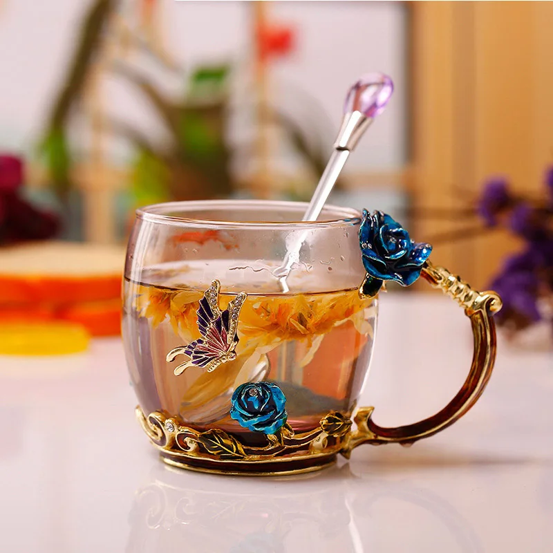 Эмалированная кофейная чайная чашка кружка 3D Роза бабочка стеклянные чашки свадебный подарок LBShipping