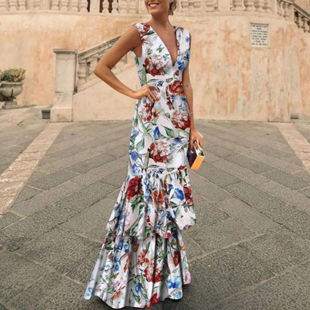 

Elegant Woman Maxi Dress Deep V-Neck Backless Summer Boho Dresses Irregular Ruffles Hem Vacasion Dress Vestidos Femme