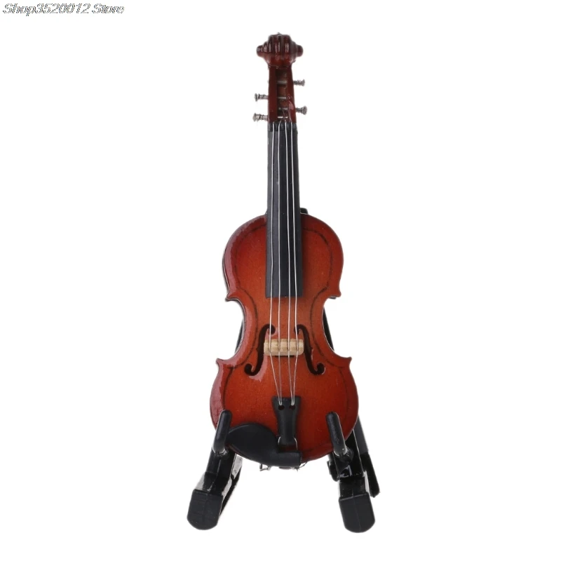 

7CM Mini Violin Miniature Musical Instrument Wooden Model with Support and Case