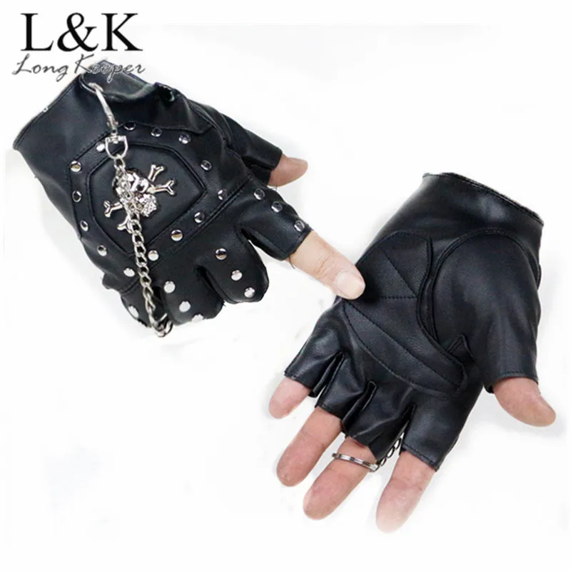 Long Keeper Fashion Leather Motorcycle Biking Racing Gloves Half Fingers Pirate skull rivet Punk Gloves With Ring Chain