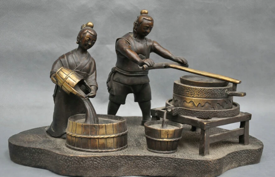 

12'' China Folk Man and Woman Couple Making Tofu Bronze Statue R0713 B0403