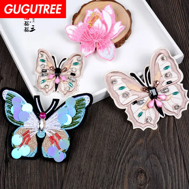 

GUGUTREE embroidery beaded buttlefly patches animal patches badges applique patches for clothing SK-7
