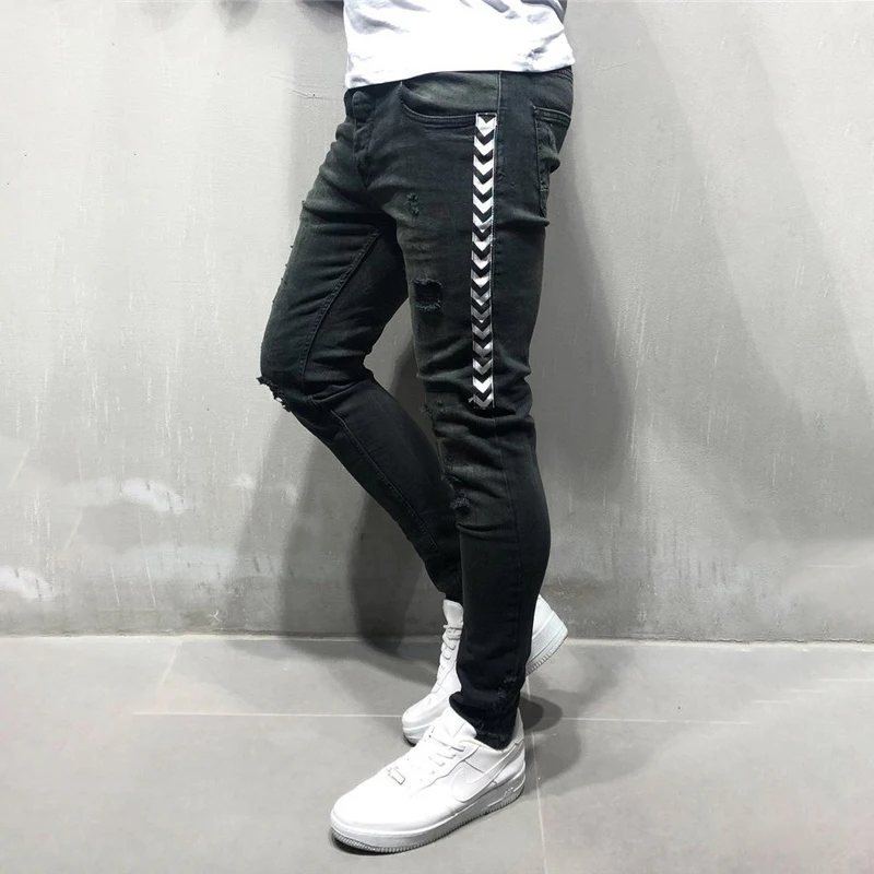 

New Men Slim fit hip hop skinny jeans fashion Side white stripe Distressed Ripped Stretch Streetwear Denim trousers