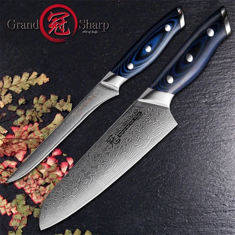 

Grandsharp Damascus Knife Sets 67 layers VG10 Steel Japanese Damascus Santoku Boning Chef's Kitchen Knives Cooking with Gift Box
