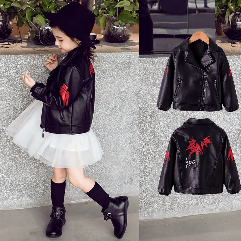 

Fashion Kids PU Leather Jacket Black Embroidery Vintage Cardigan Coat for Girls 3-12years Fleece Lining Bomber Outerwear Clothes