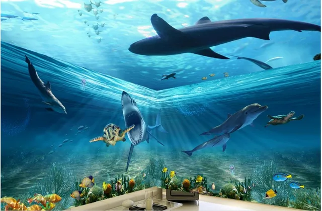 Papier Peint 3d Plafond Requin Marin Dauphin 3d Stéréo Thème Espace