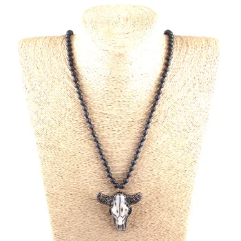 

Fashion Faceted Hematite Stone Long Knotted Handmade Crystal Paved Bull Head Sheep Pendant Necklaces Women Ethnic Necklace