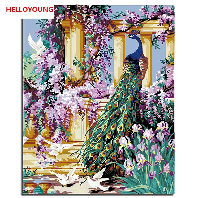 

Peacock and flying bird Digital Painting DIY Handpainted Oil Painting by numbers picture drawing chinese scroll paintings