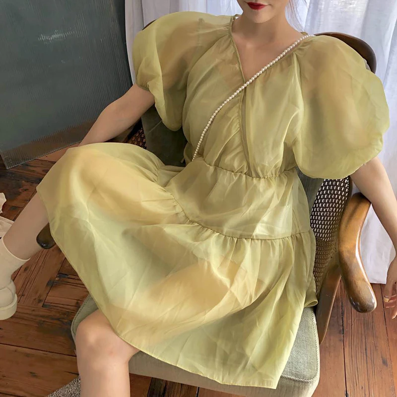 

Fancy! Big Puff Sleeve Dress 2 Piece Set Kawaii High Waist Short Dress String Robe Femme Vestido Mujer Vestiti Donna