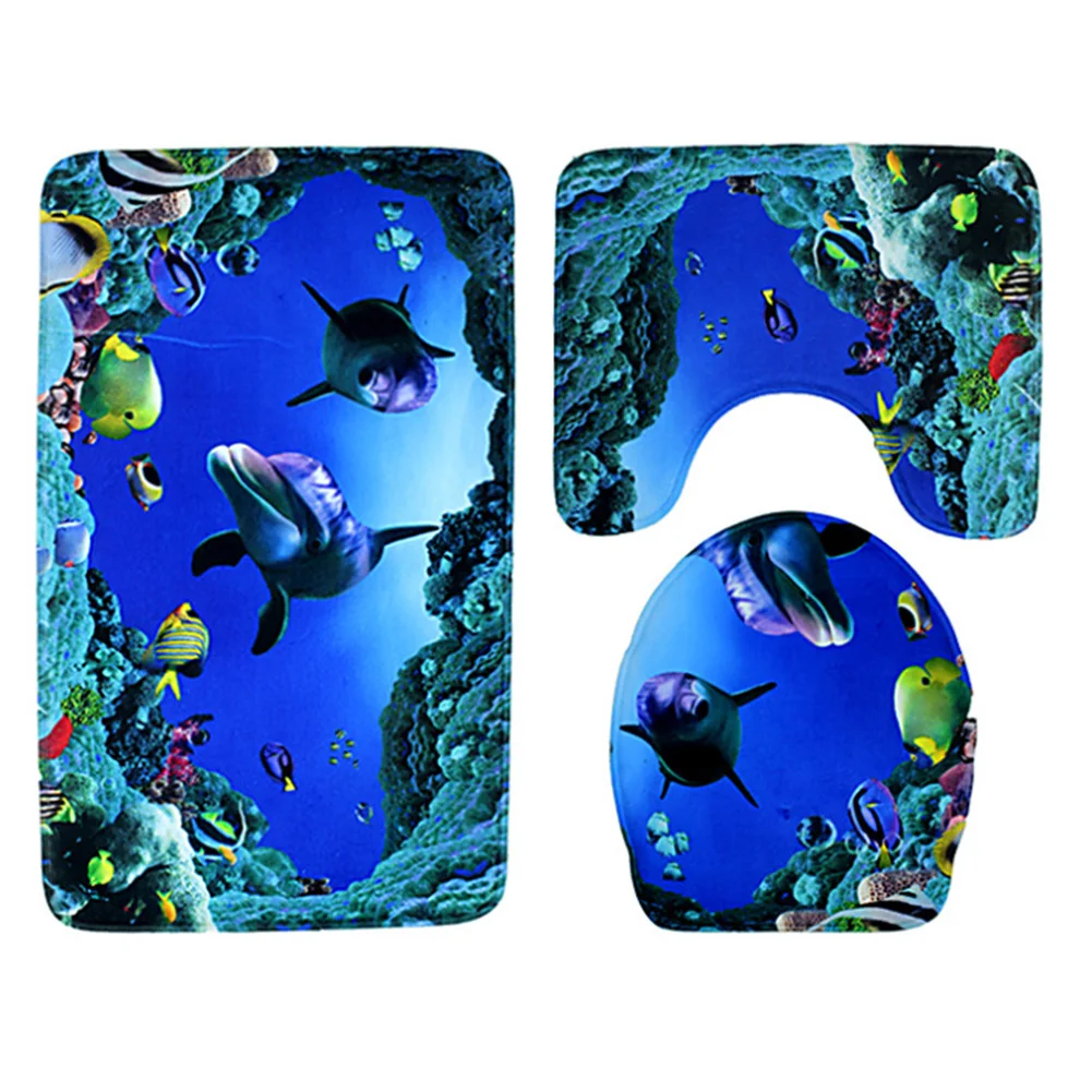 3pcs Gift Wear Resistant Toilet Lid Cover Home Anti Slip Flannel Pedestal Rug Water Absorption Blue Sea Soft Bath Mat Set | Дом и сад