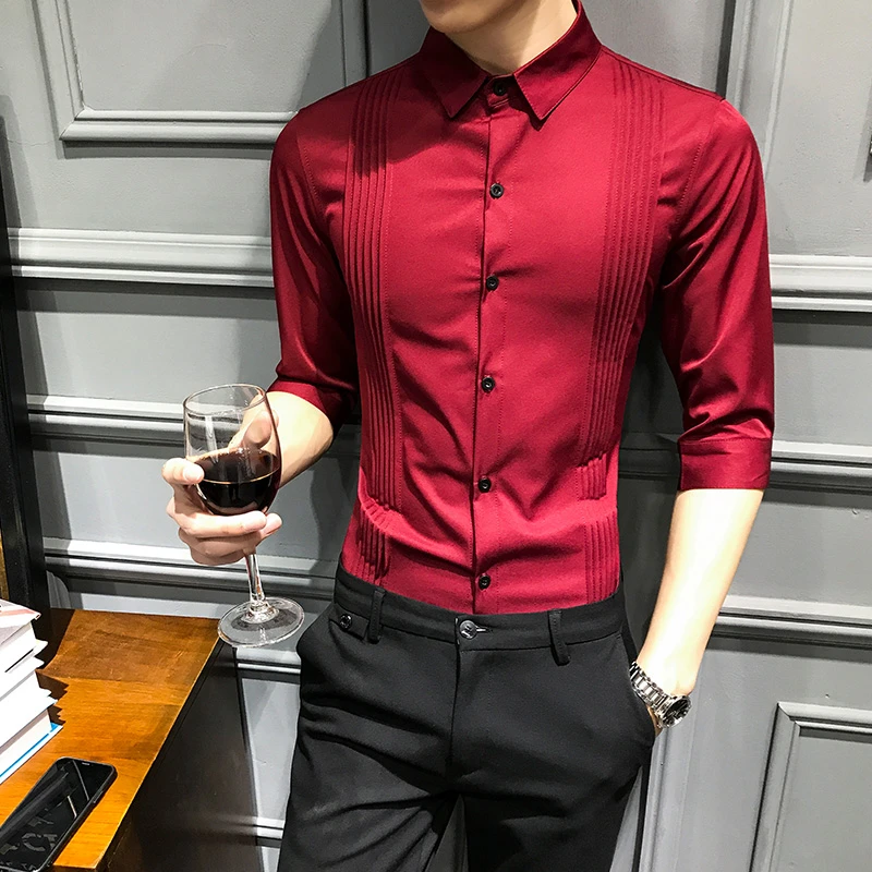 Nueva llegada camisa hombre Slim Fit esmoquin camisas hombre media manga Rojo Negro Blanco Casual Camisa hombres Asia talla ropa|Camisas de esmoquin| - AliExpress