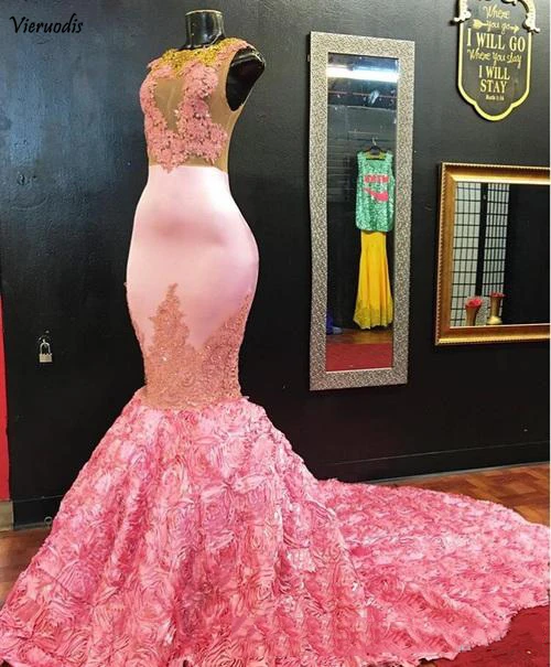 

2019 Africa Mermaid Long Prom Dresses Sleeveless 3d Flower Lace Applique Formal Party Evening Gowns Custom Made