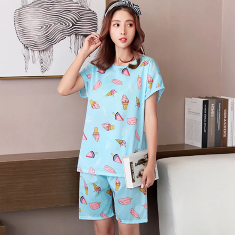 

8 Patterns Pajama Sets Women Cute Cartoon Print 2 Pieces Set Crop Top + Shorts Elastic Waist Loose pyjamas Spring Summer H