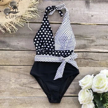 

CUPSHE Black And White Polka Dot Belted Halter One-Piece Swimsuit 2020 Women Sexy Bow Monokini Bathing Suits Swimwear