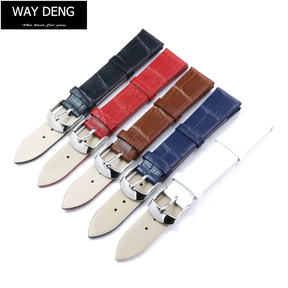 

Way Deng - Genuine Leather Watchbands Silver Pin Buckle Black Blue Brown Red White Watch Band 18MM 20MM 22MM Strap - Y161