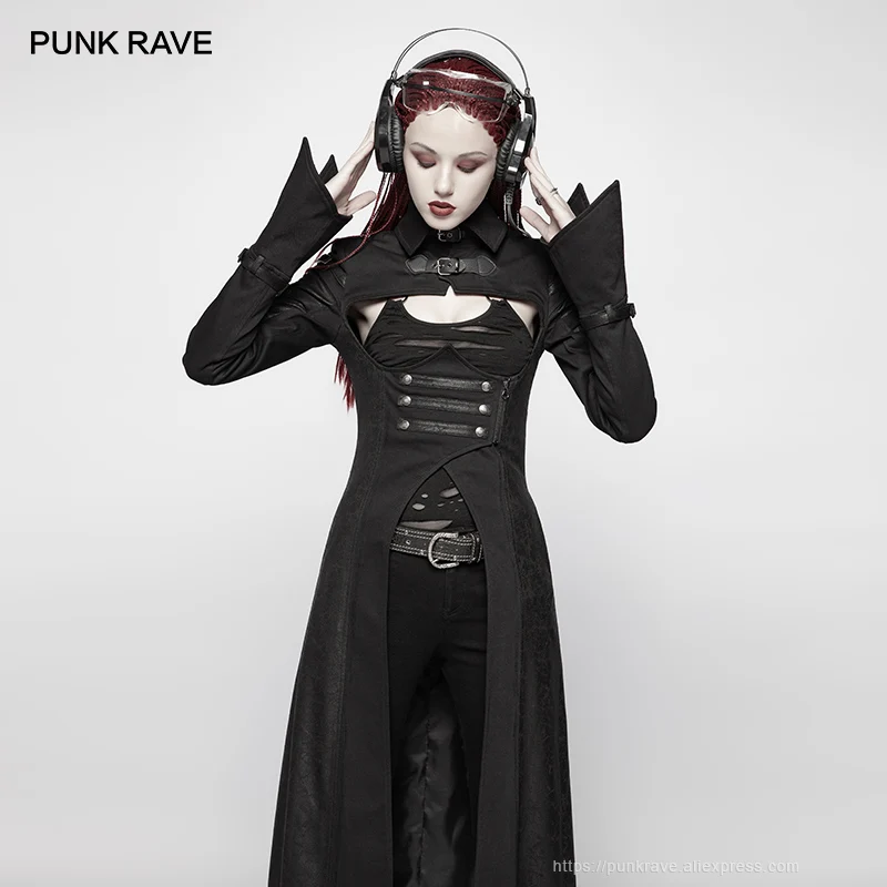 

PUNK RAVE New Gothic Post Apocalyptic Military Black Open Bust Long-sleeved Women Jacket Punk Futuristic Personality Long Coat