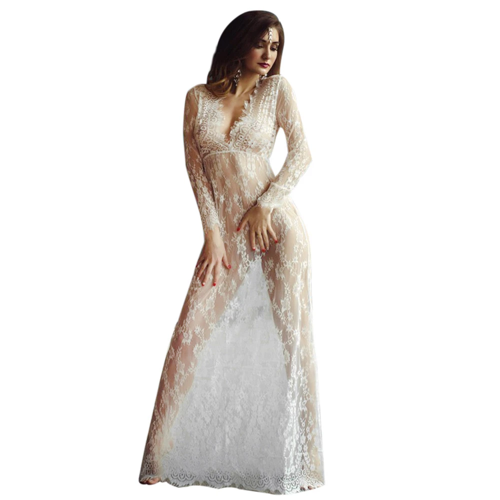 

Women Sexy Lace Embroidery Maxi White Floor-length dress Deep V Long Sleeves feminino vestidos Long smock crochet Dress