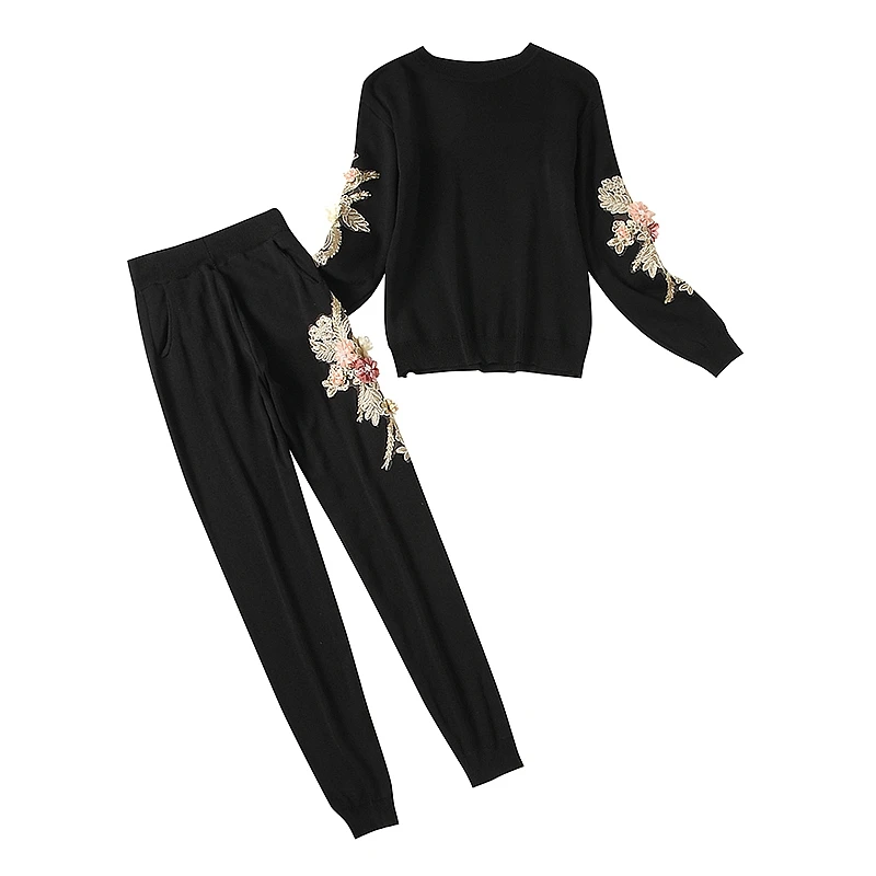 ALPHALMODA Flowers Knitting Clothing Sets Women Winter 3D Floral Jumpers Slim Trousers Winter Vogue Fashion Tracksuits Sets