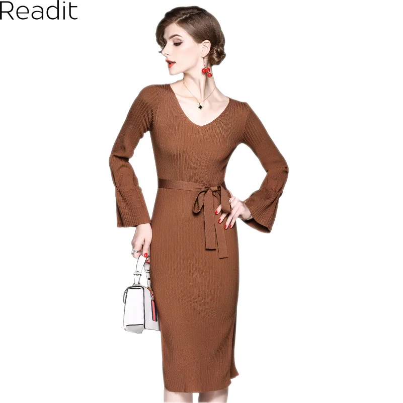 Readit Knitted Dress 2017 Winter Dress Appricot Coffee Brown Knitted