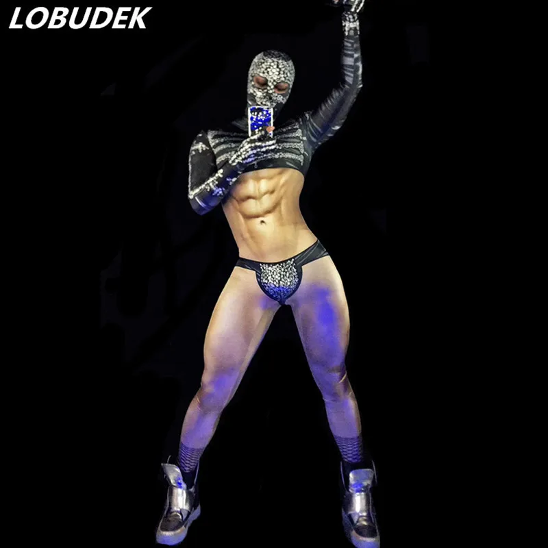 

Sexy Nightclub Female Male Pole Dancing Costume Bar DJ Teams Singer Stage Outfit 3D Printed Crystals Jumpsuits Stretch Bodysuits
