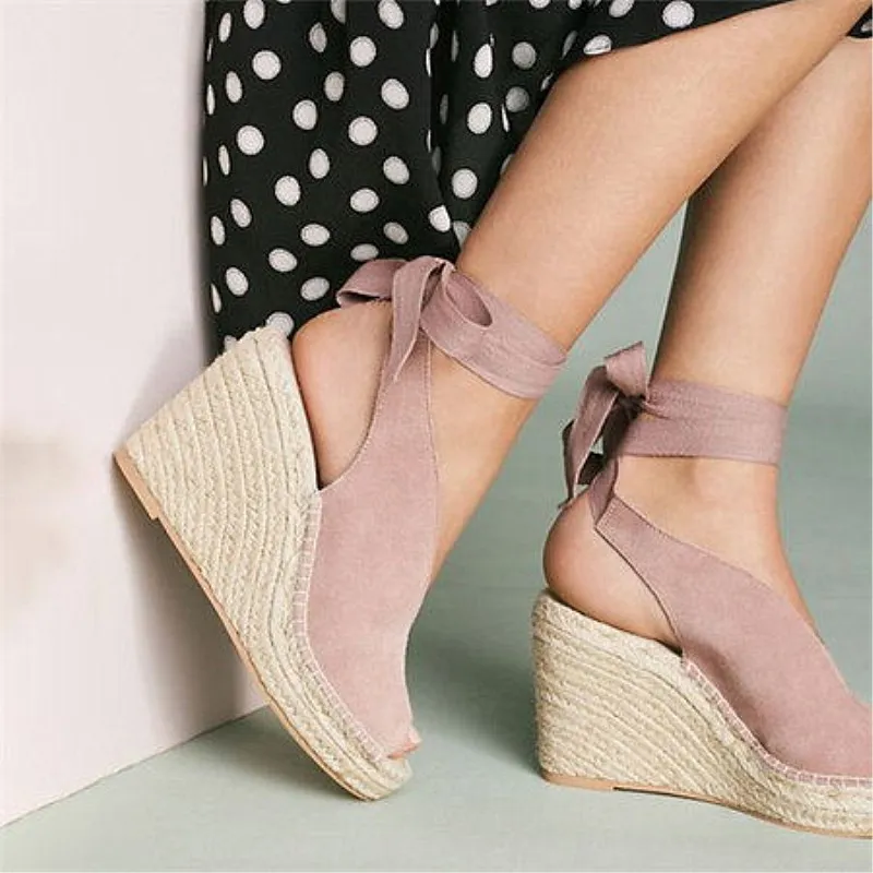 

EOEODOIT Summer High Wedges Heel Peep Toe Cross Band Pumps Sandals Slingback Hemp Shoes Sexy V Mouth Platform Sandals Plus Size