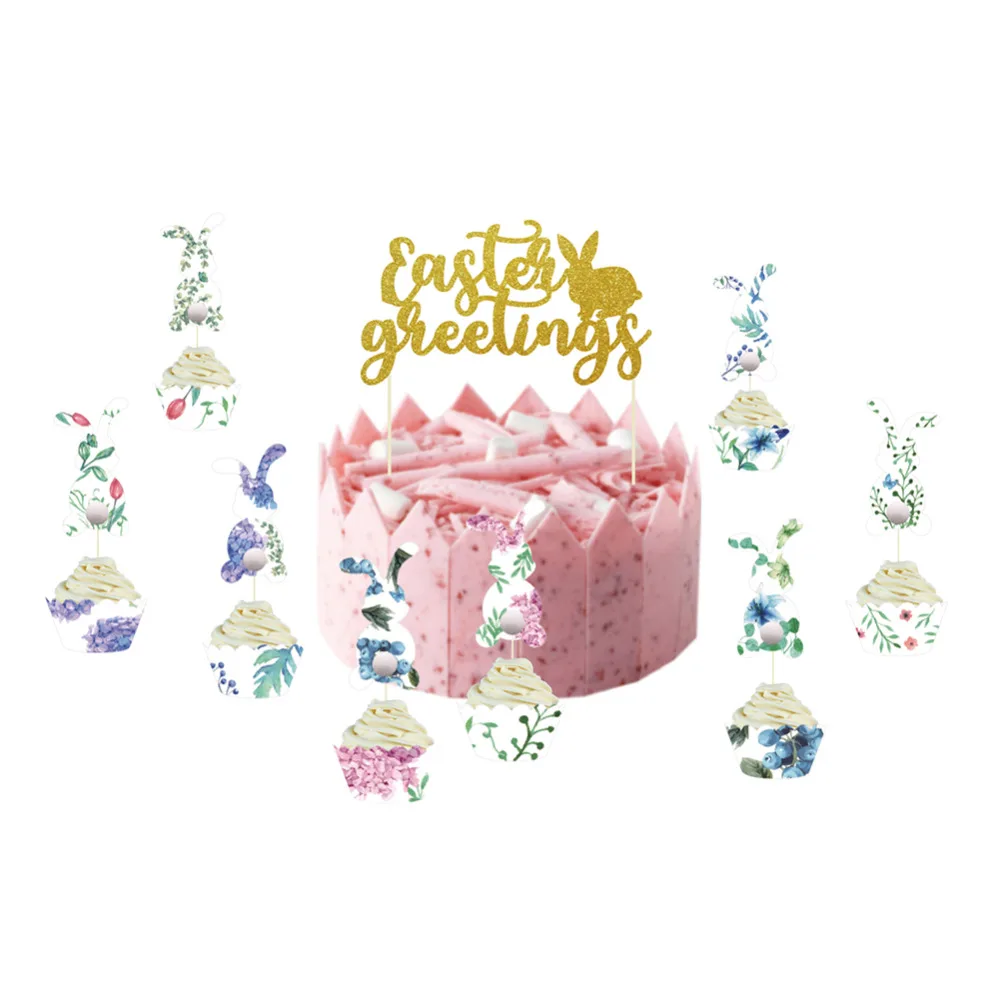 Easter Bunny Cupcake Topper Kit Gold Glitter Greetings Signs Cake Floral Wrapper Baby Shower First Birthday Baking | Дом и сад
