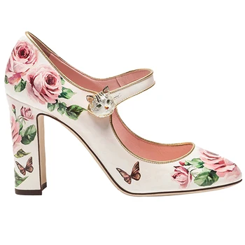 

2018 Newest Rose Printed Mary Janes High Heel Shoe Round Toe Ankle Strap Thick Heels Party Shoes Woman Cat Buckle Lady Pumps