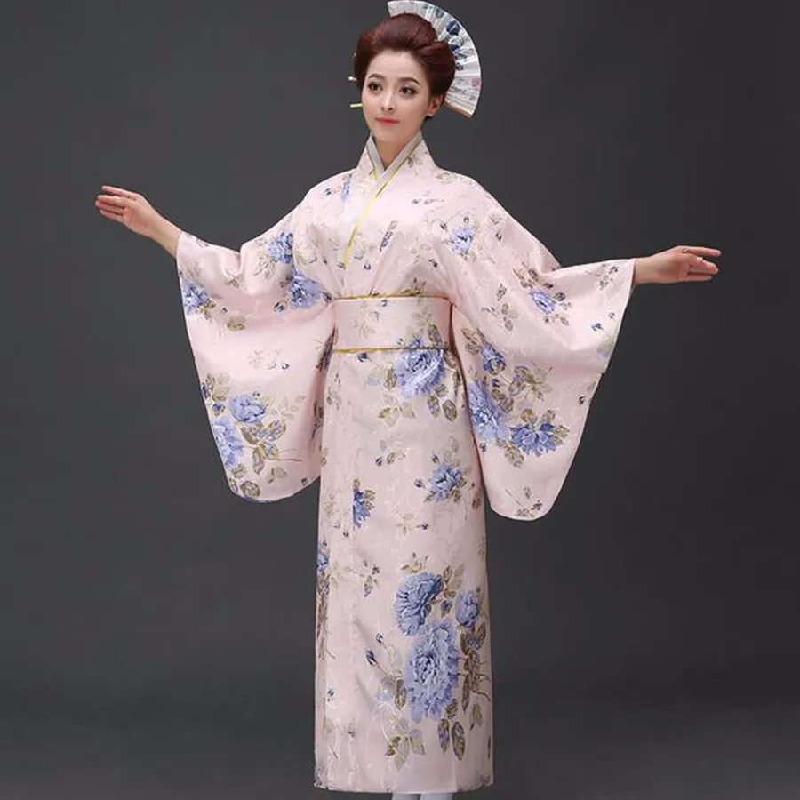 Новый Синий традиционный японский женские полиэфирный атлас кимоно юката Mujeres Quimono вечернее платье цветок один размер