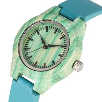 

Top Unique Fashion Mint Green Wood Watch Women Watches Fashion Blue Leather Ladies Dress Watch Female Clock Hours Montre Femme