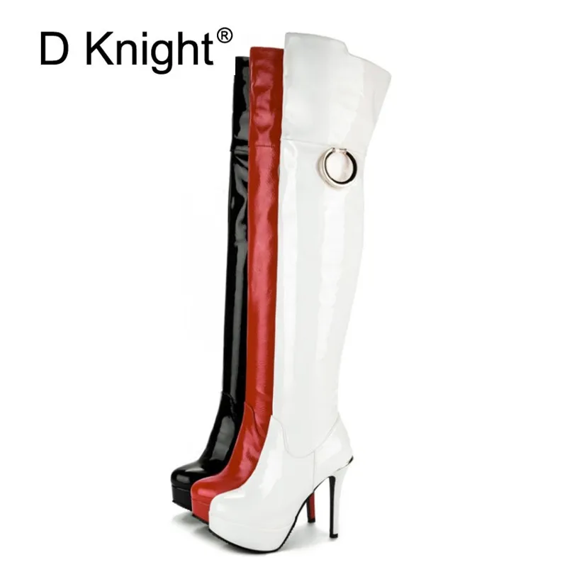 Plus Size 33-48 Women Over The Knee Boots Night Club Pole Dance Boots Patent Leather Stiletto Super High Heel Tall Women's Boots (30)
