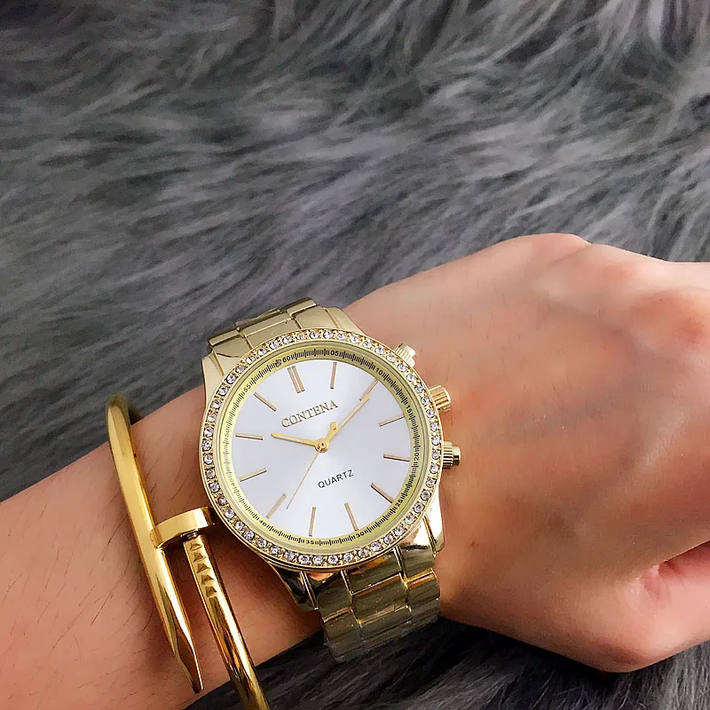 Новые кварцевые часы Contena, ЖЕНСКИЕ НАРЯДНЫЕ часы, роскошные модные брендовые женские часы с металлическим браслетом из нержавеющей стали, модные часы - Цвет: Золотой