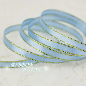 

(25 yards/roll)1/4'' (6mm) Sky Blue Gold Edge Ribbon Grosgrain satin ribbons high quality gift packaging ribbons
