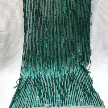 

African Sequin Lace Fabric Tassel Lace Fabric With Green Sequins French Lace Fabric For Wedding Party