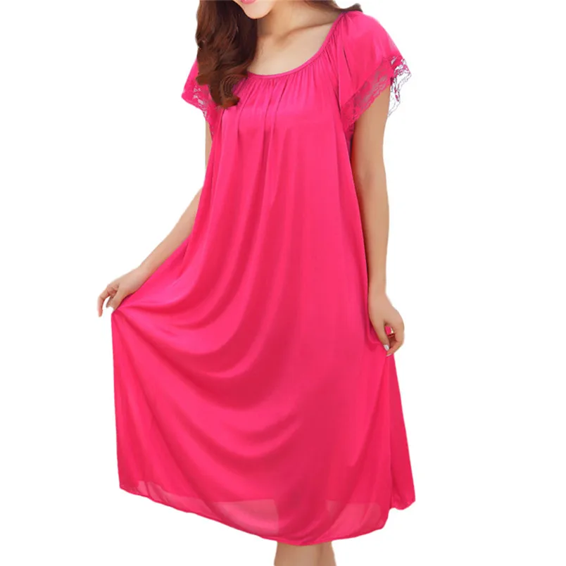 Women Summer Home Lace Ice Silk Short Sleeve Loose Nightgown Dress O Neck Lingerie Pajamas Dress One Size 40FE01 (33)