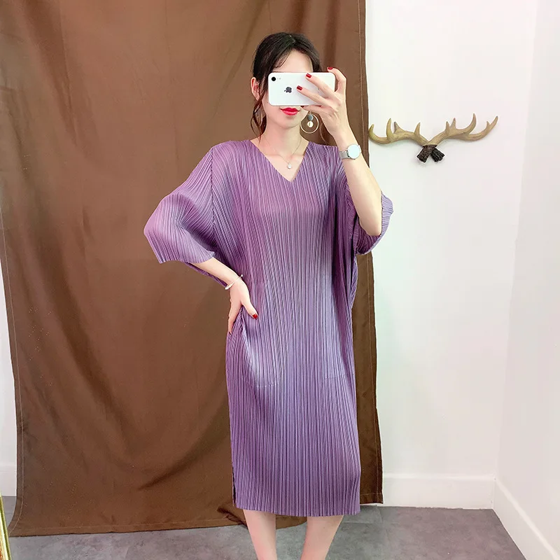 LANMREM Новая летняя и осенняя модная женская плиссированная винтажная одежда в японском стиле с рукавами летучая мышь платье с v-образным вырезом WH35201
